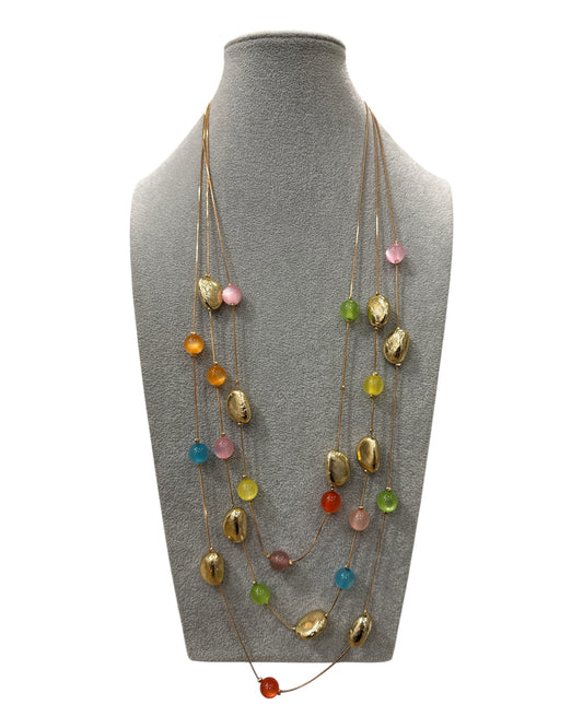 Collana lunga multicolore con perle e ovali dorati per donna