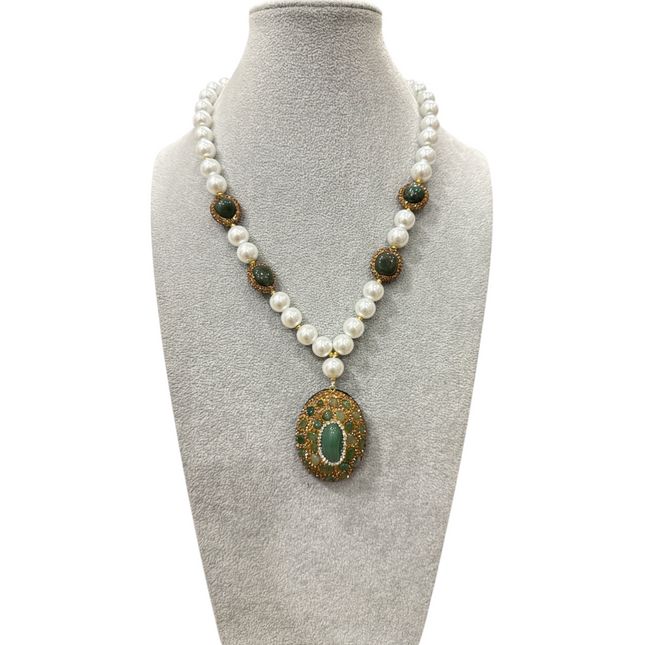 Collana Donna Shelly Perle Bianche Maxi Pendente Verde Vintage Statement