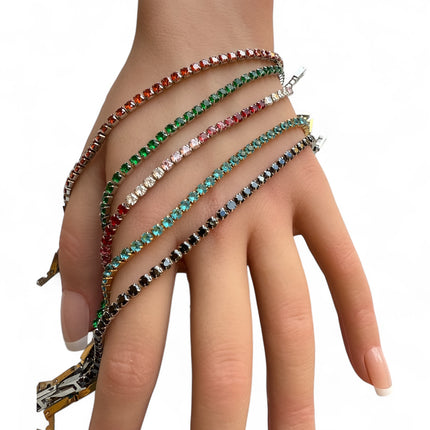 Bracciale tennis donna zirconi colorati 3mm, chiusura sicura 18 cm