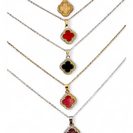 Collana Donna Acciaio Quadrifoglio Cristalli Oro Argento Portafortuna