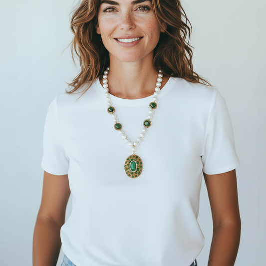 Collana perle bianche con maxi pendente verde stile vintage elegante donna