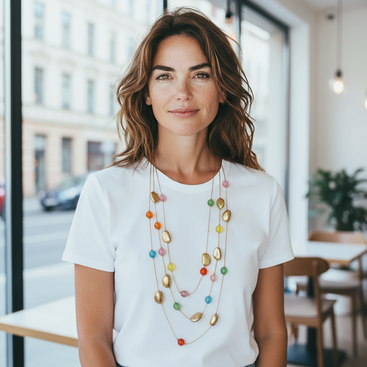 Collana lunga multicolore con perle e ovali dorati per donna