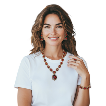 Parure Donna Shelly Rosso Rubino Cristalli Dorati 4 Pezzi Vintage Elegante