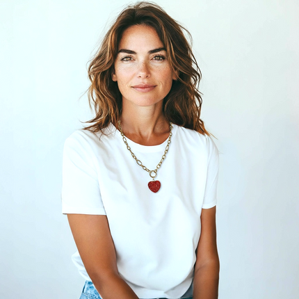 Collana Donna Girocollo Cuore Rosso Cristalli Catena Oro Fashion Statement