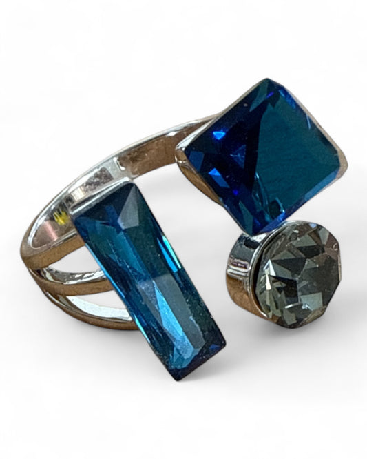Anello Donna Regolabile Cristalli Blu Geometrici  Gioiello Fashion Elegante