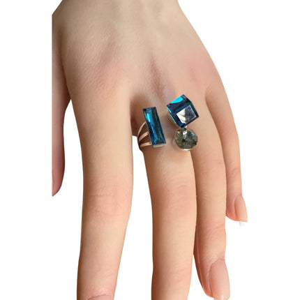 Anello Donna Regolabile Cristalli Blu Geometrici  Gioiello Fashion Elegante