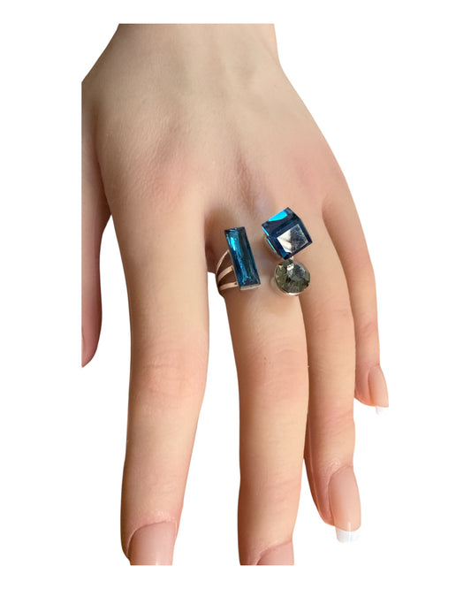 Anello Donna Regolabile Cristalli Blu Geometrici  Gioiello Fashion Elegante