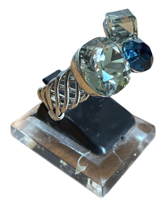Anello Donna Regolabile Cristalli Bianchi e Blu  Design Elegante Fashion