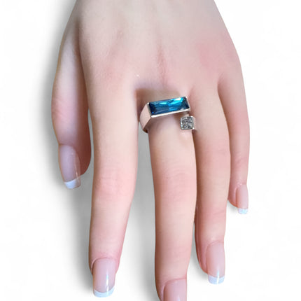 Anello Donna Regolabile Cristallo Blu Rettangolare | Moderno Argentato Chic