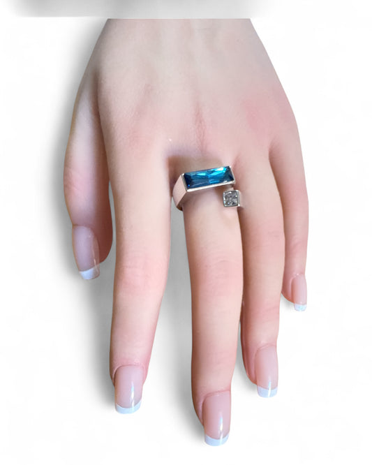 Anello Donna Regolabile Cristallo Blu Rettangolare | Moderno Argentato Chic
