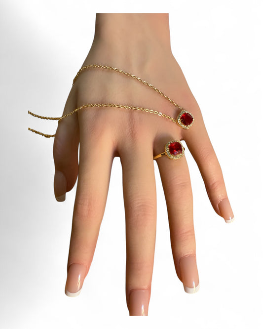 Set collana e anello dorati con pietra rossa cushion e zirconi anello regolabile