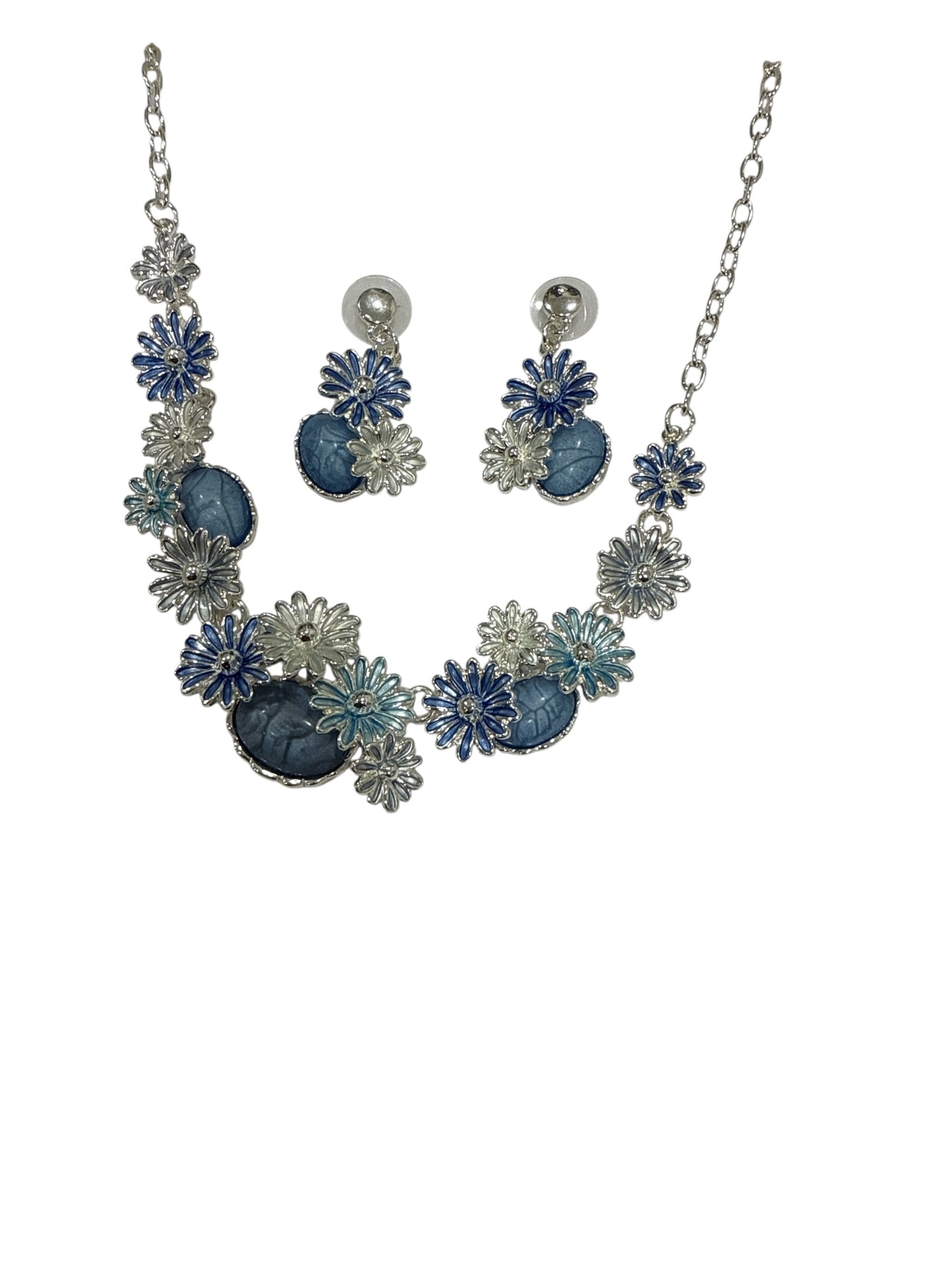 Set collana e orecchini donna smaltati blu base metallo argentato floreale stile