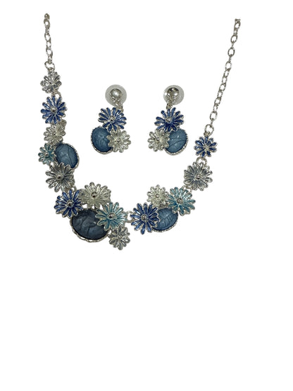 Set collana e orecchini donna smaltati blu base metallo argentato floreale stile