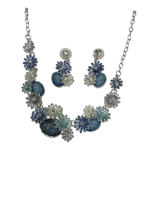 Set collana e orecchini donna smaltati blu base metallo argentato floreale stile