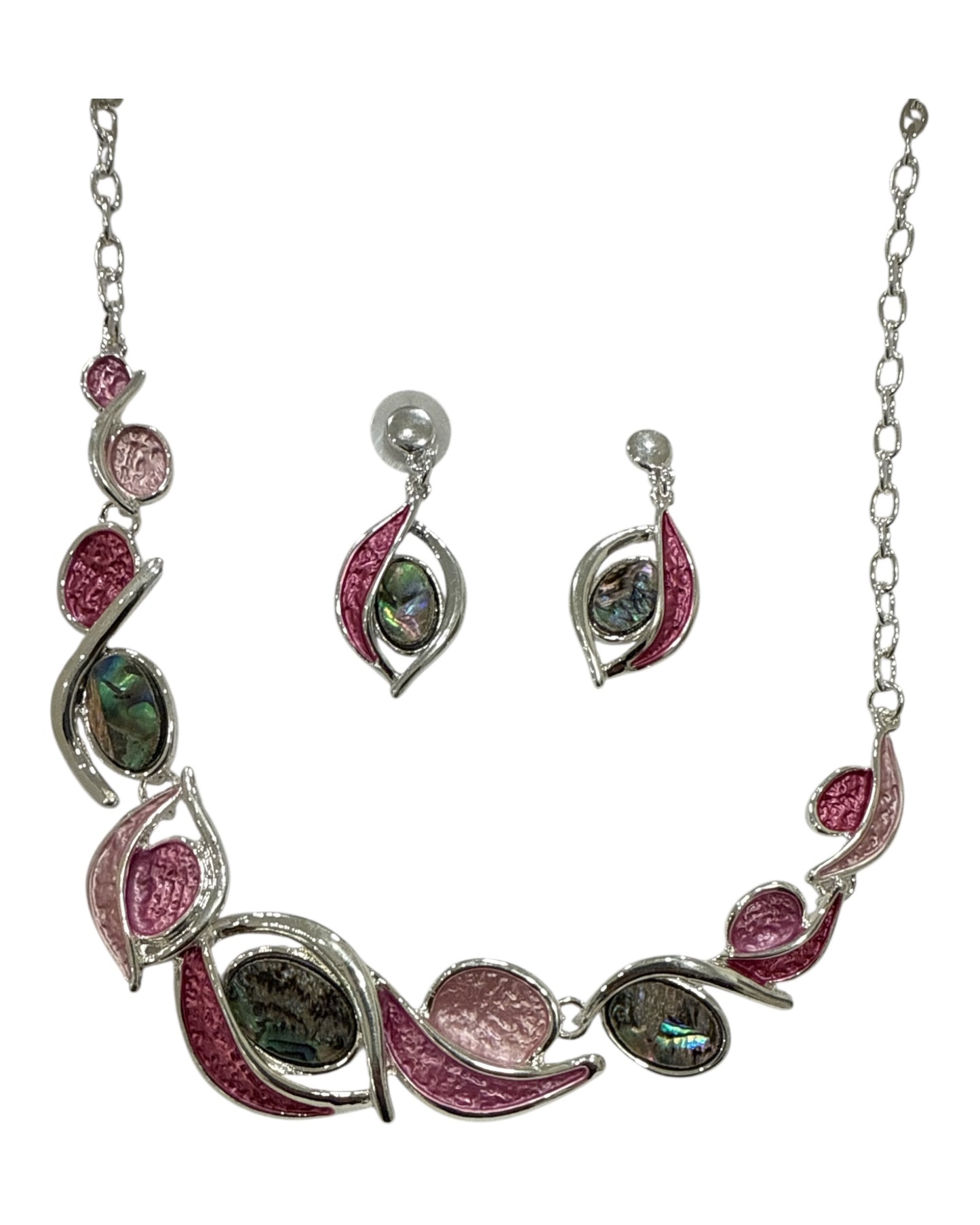 Set collana e orecchini donna smalto rosa su base metallo argentato lucido chic