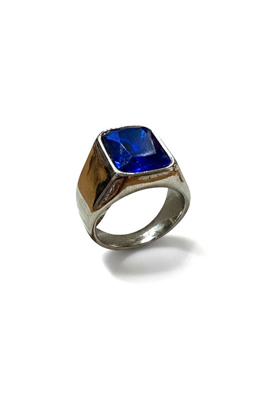 Anello uomo sigillo blu Acciaio Lucido vetro facettato, finitura silver, mis. 18