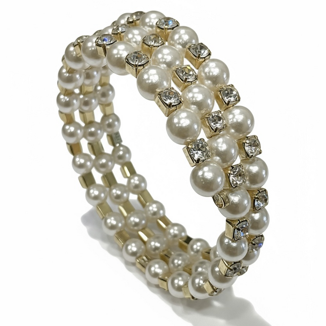 Bracciale Donna Perle Bianche Sintetiche Oro Elastico Senza Chiusura