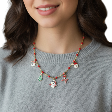 Collana Donna Natale Acciaio Ciondoli Albero Stella Fiocco Neve Regalo