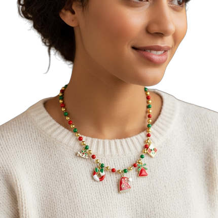 Collana Donna Natale Acciaio Ciondoli Albero Stella Fiocco Neve Regalo