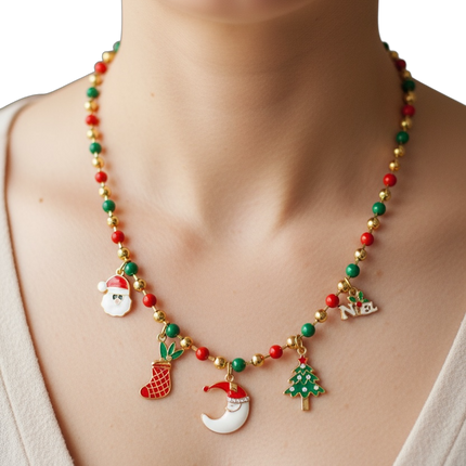 Collana Donna Natale Acciaio Ciondoli Albero Stella Fiocco Neve Regalo