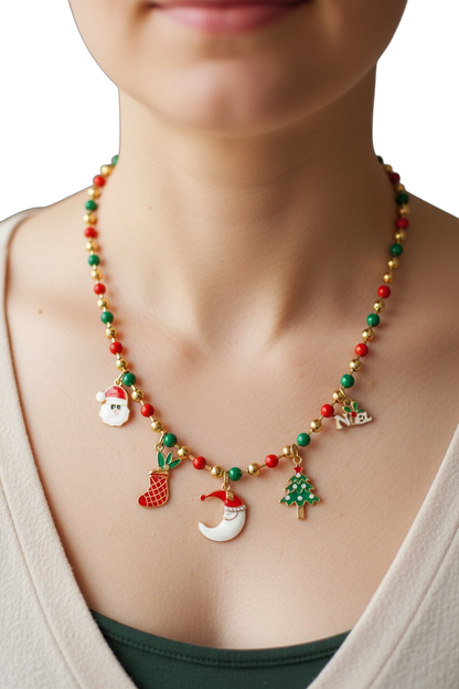 Collana Donna Natale Acciaio con Ciondoli Festivi - Gioiello Natalizio Elegante