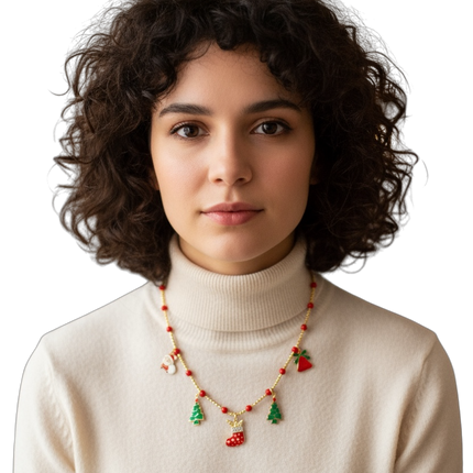 Collana Donna Natale Acciaio Ciondoli Albero Stella Fiocco Neve Regalo