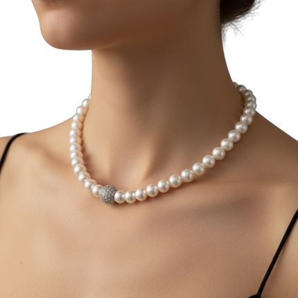 Collana Donna Perle Conchiglia Naturali Centrale Rame Zirconi 40cm