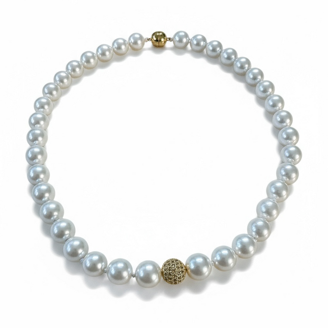 Collana Donna Perle Conchiglia Naturali Centrale Rame Zirconi 40cm