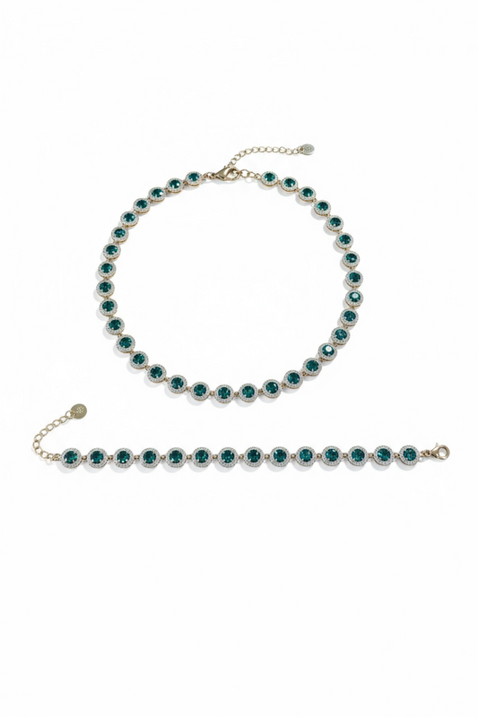 Set Collana e Bracciale Tennis Donna Acciaio Inox Gold con Zirconi Verdi