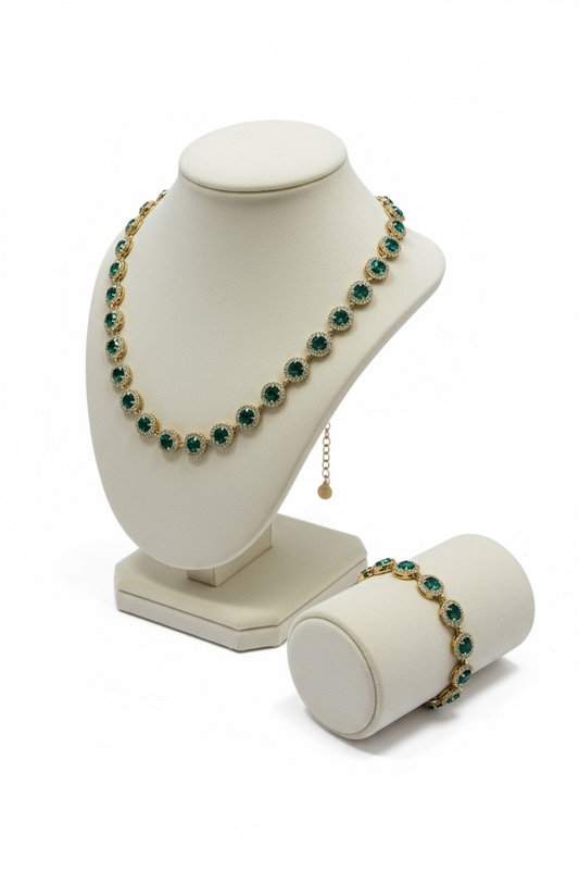 Set Collana e Bracciale Tennis Donna Acciaio Inox Gold con Zirconi Verdi