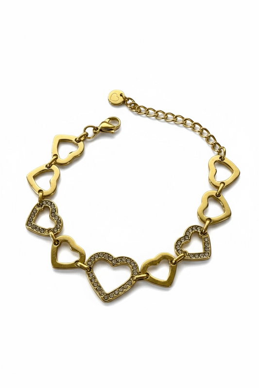 Bracciale Cuori Donna con Strass Brillanti - Acciaio Inox Oro e Argento