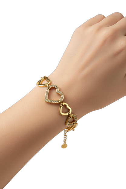Bracciale Cuori Donna con Strass Brillanti - Acciaio Inox Oro e Argento