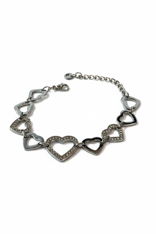 Bracciale Cuori Donna con Strass Brillanti - Acciaio Inox Oro e Argento