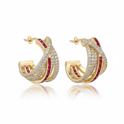 Orecchini Cerchio Donna Shelly Rame Zirconi Bianchi Rossi Design Intrecciato