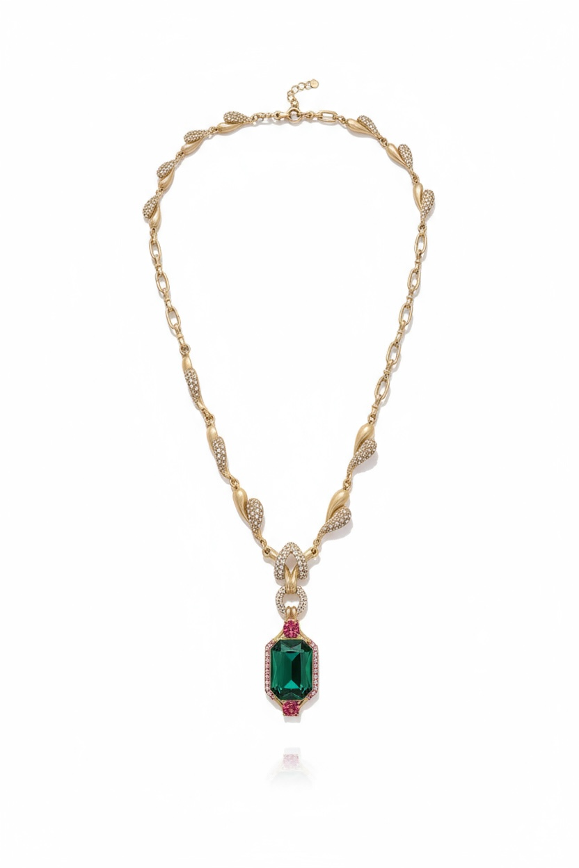 Collana Donna Oro Pendente Smeraldo Cristalli Pavé Elegante Cerimonia