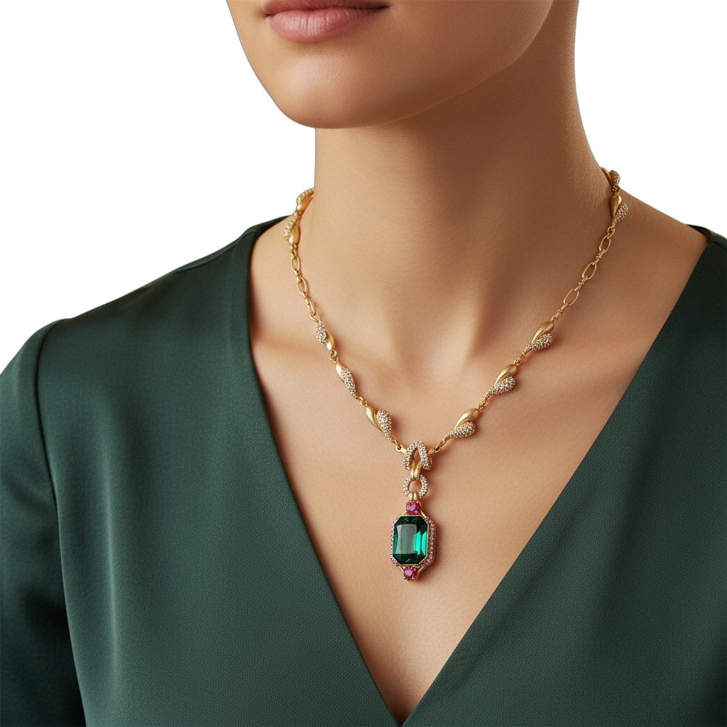 Collana Donna Oro Pendente Smeraldo Cristalli Pavé Elegante Cerimonia