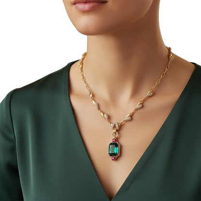 Collana Donna Oro Pendente Smeraldo Cristalli Pavé Elegante Cerimonia