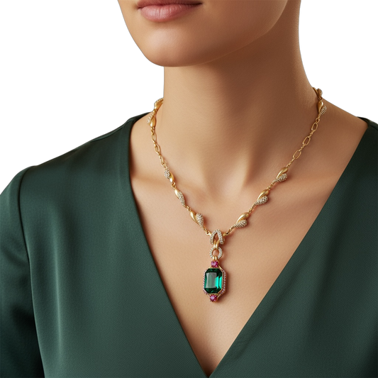Collana Donna Oro Pendente Smeraldo Cristalli Pavé Elegante Cerimonia