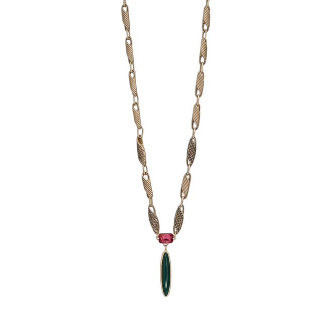 Collana Donna Shelly Acciaio Pendente Smeraldo Rubino Finitura Bronzo 120g