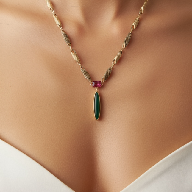 Collana Donna Shelly Acciaio Pendente Smeraldo Rubino Finitura Bronzo 120g