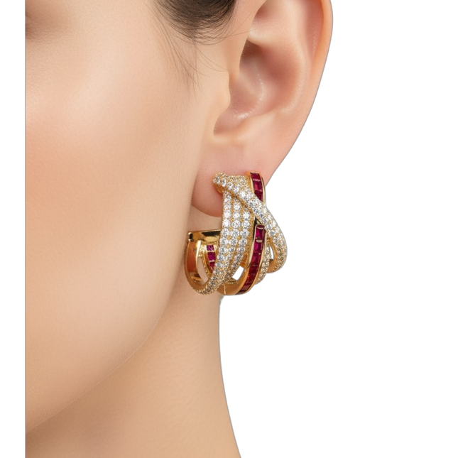 Orecchini Cerchio Donna Shelly Rame Zirconi Bianchi Rossi Design Intrecciato