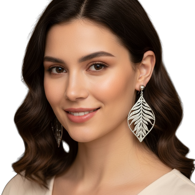 Orecchini Pendenti Donna Foglia Acciaio Inossidabile Design Traforato