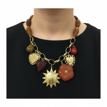 Collana Donna Shelly Boho Ciondoli Resina Sole Cuore Fiore Catena Oro