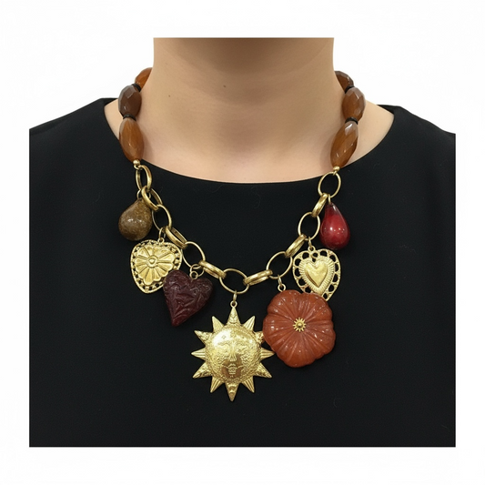 Collana Donna Boho Ciondoli Resina Sole Cuore Fiore Catena Oro