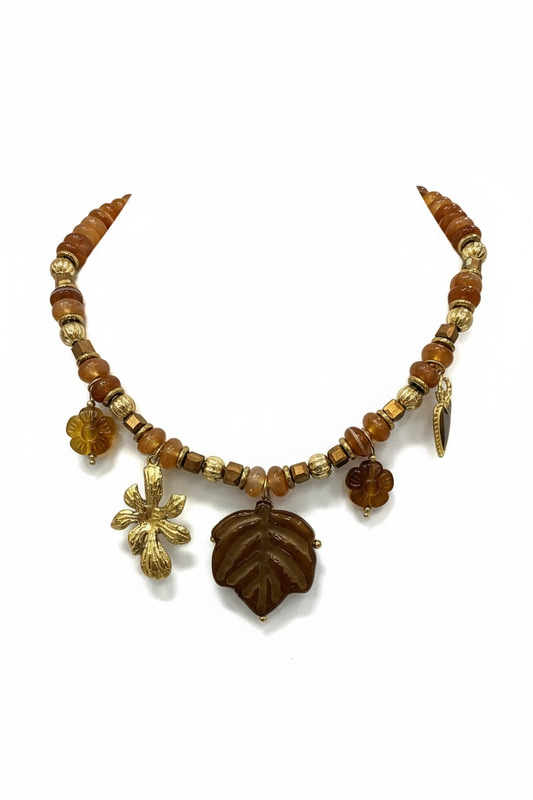 Collana Donna Boho Chic Perle Ambrate Ciondoli Foglia Fiore Oro
