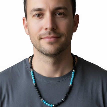 Collana Uomo Pietra Lavica e Turchese Sfere Naturali Stile Etnico