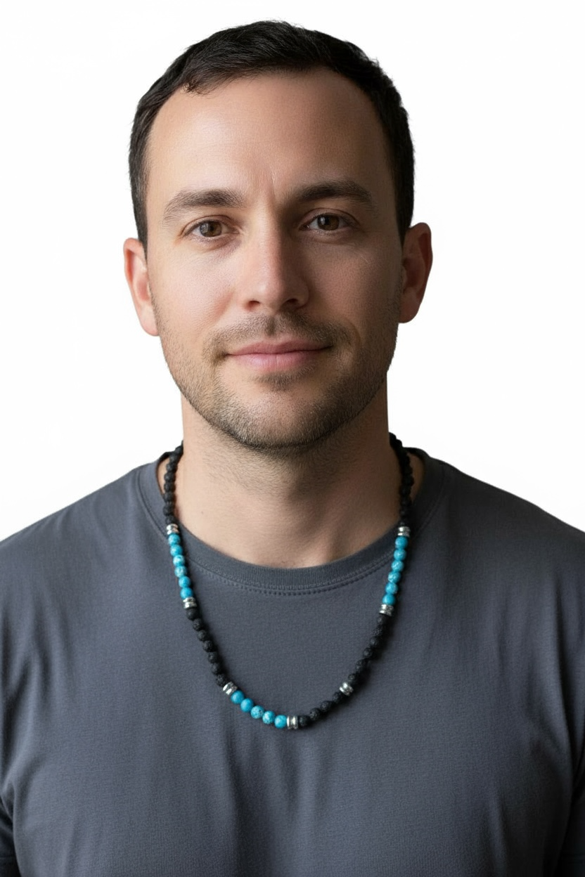 Collana Uomo Pietra Lavica e Turchese Sfere Naturali Stile Etnico