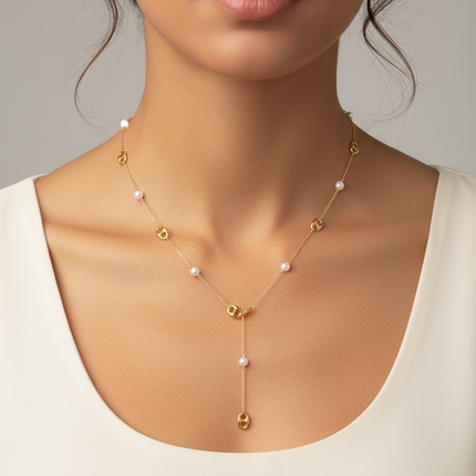 Collana Donna Acciaio Perla Sintetica Catena Marinara Stile Y Gold Silver