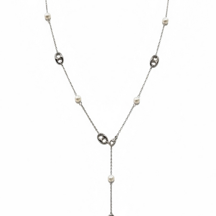 Collana Donna Acciaio Perla Sintetica Catena Marinara Stile Y Gold Silver