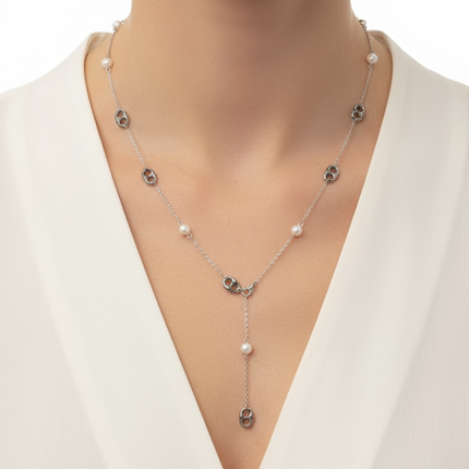 Collana Donna Acciaio Perla Sintetica Catena Marinara Stile Y Gold Silver